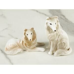 Lefton Collie Dog Figurine 3 3/4" Bone China 80s Art Home Decor x2 Vintage
